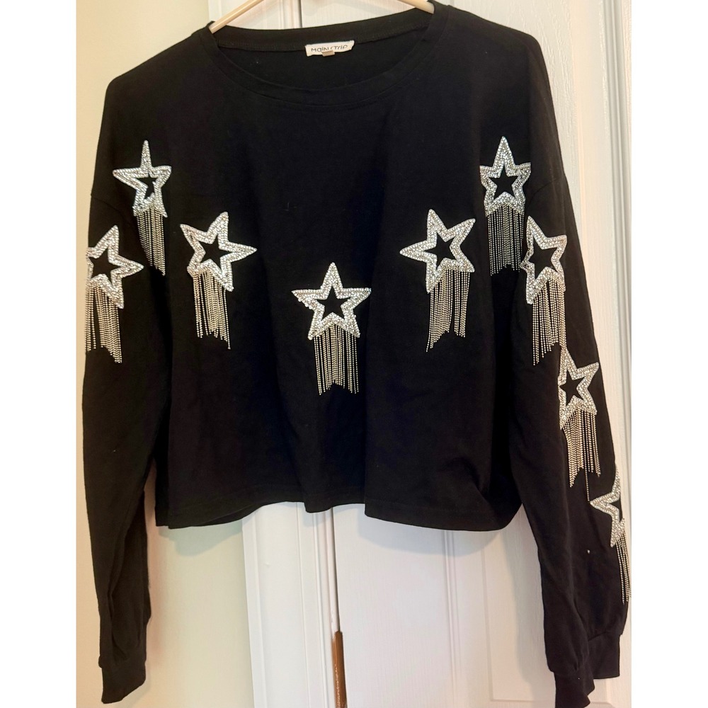 Main Strip Black Star Rhinestone Fringe Cropped Sweatshirt Long Sleeve Pullover